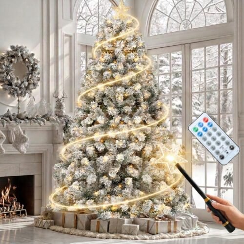 Flocked Christmas Tree with Magic Wand Control and Remote