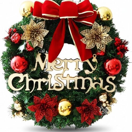 Holly and Pine Christmas Wreath with Merry Christmas Sign