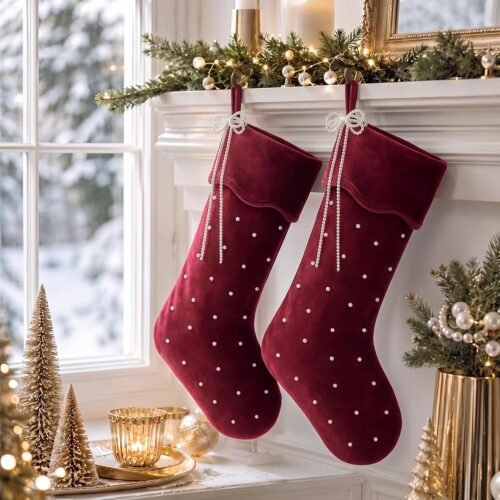 Pearl Accent Velvet Christmas Stockings